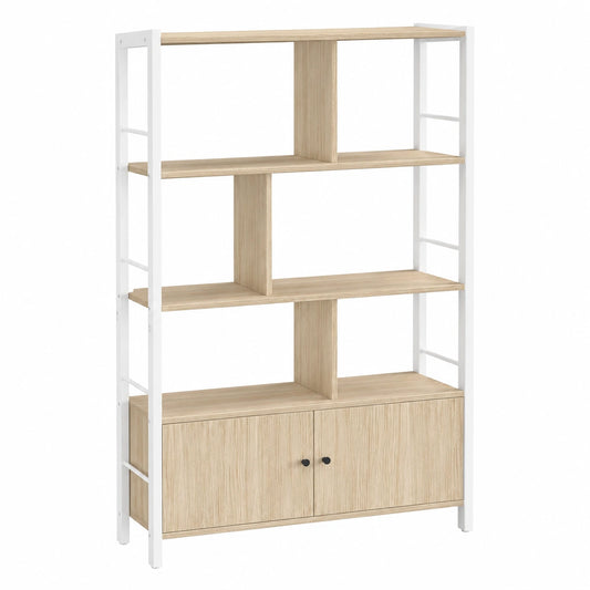 Bureau, avec rangement, avec étagères, avec portes, en acier, coloris blanc et beige, pour l’espace de travail